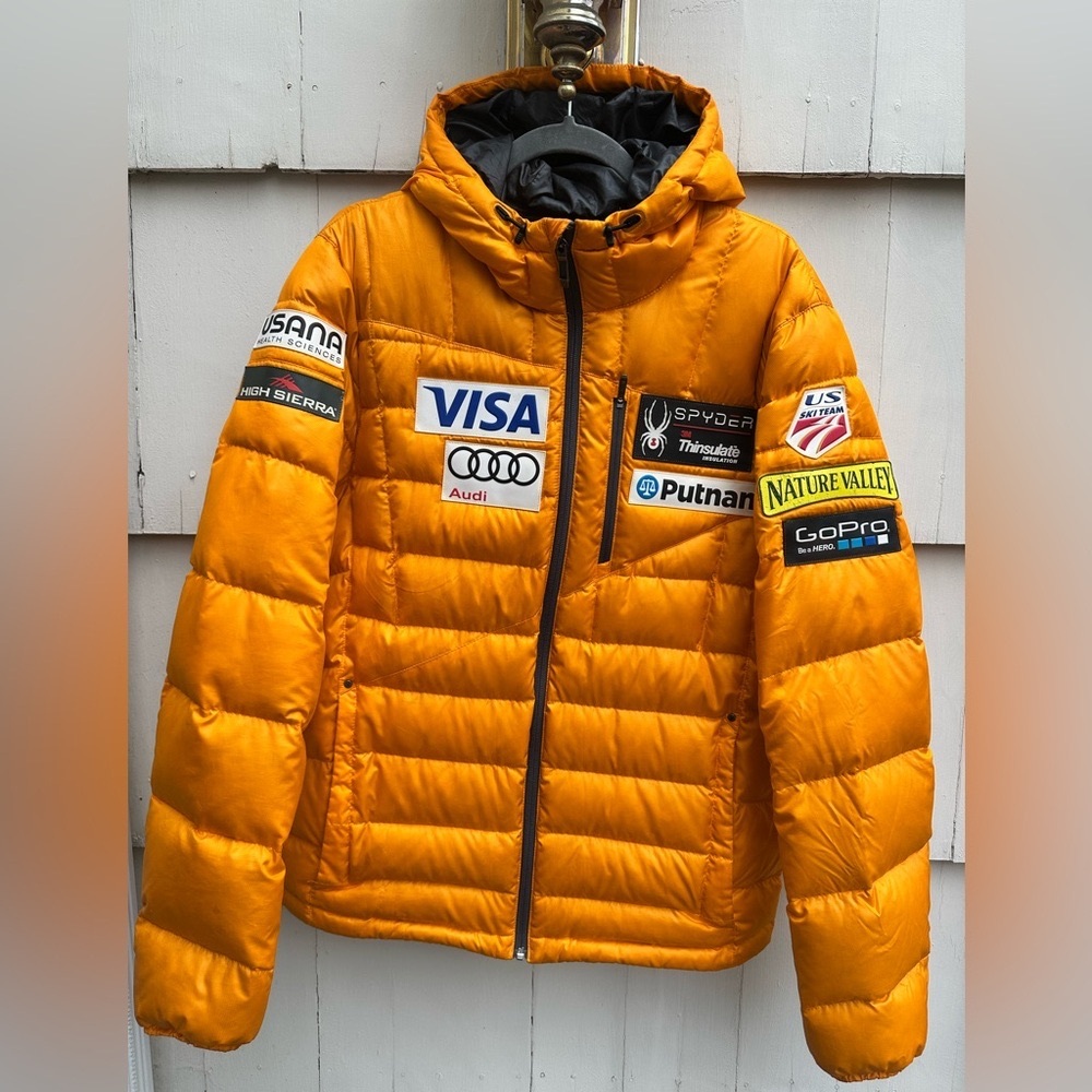 RARE Men’s Sypder US Ski team Large Down Jacket  Orange-yellow full Zip W/Hood